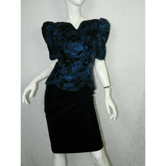 Jessica McClintock Dress Vintage Black Velvet Blue Sparkles Open Back Size 8 - Picture 4 of 13